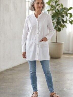 Eileen Fisher White Organic Cotton  Mandarin Collar Longline Button Down Tunic S